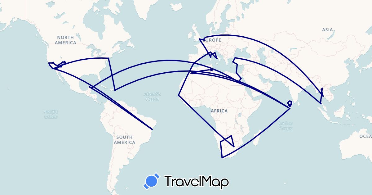 TravelMap itinerary: driving in Belgium, Brazil, Botswana, Dominican Republic, Egypt, Spain, France, United Kingdom, Italy, Morocco, Maldives, Mexico, Namibia, Netherlands, Senegal, Thailand, Tunisia, Turkey, United States, South Africa, Zambia (Africa, Asia, Europe, North America, South America)